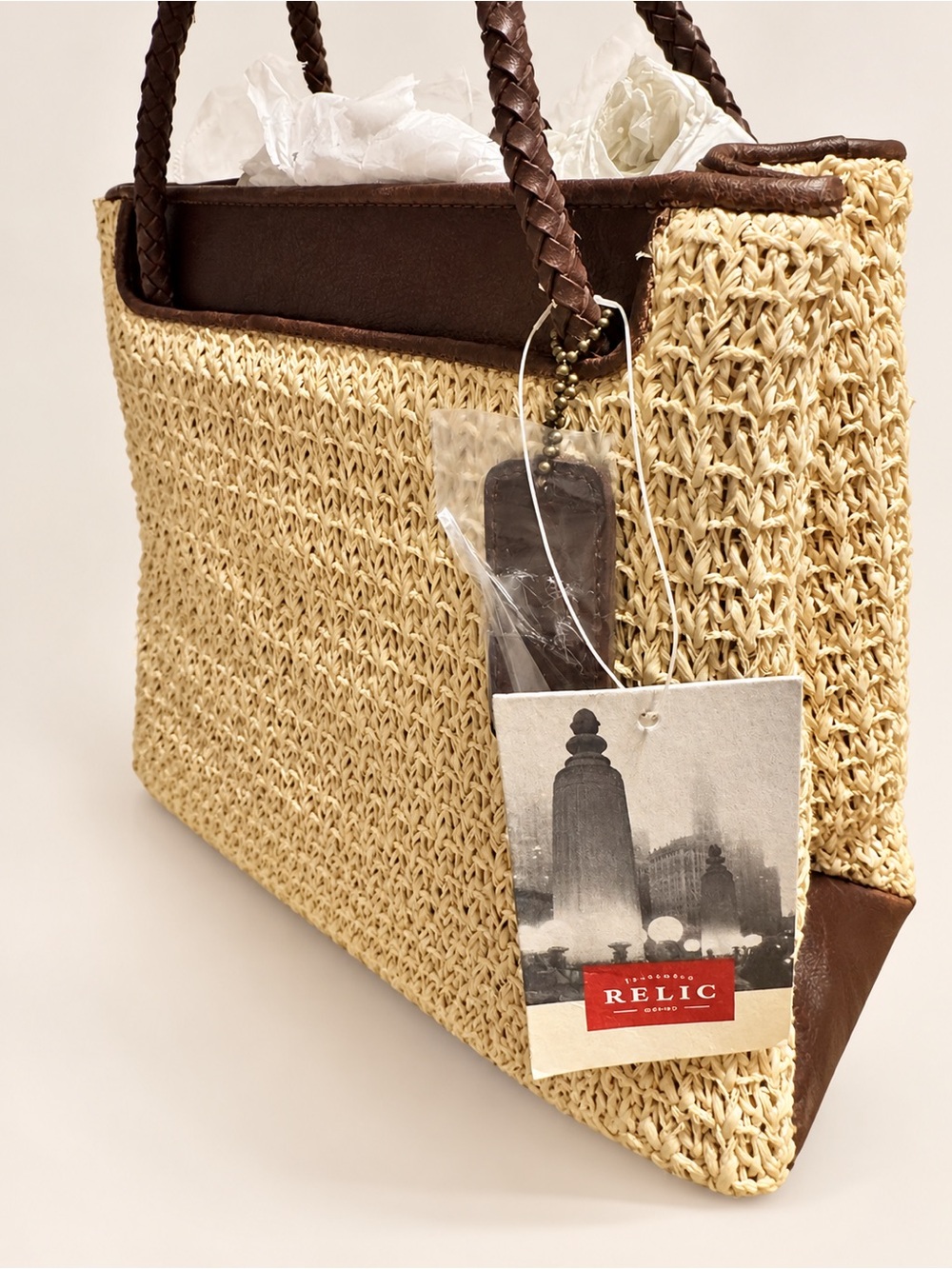 Relic Straw Tote with Brown Trim and Braided Handles